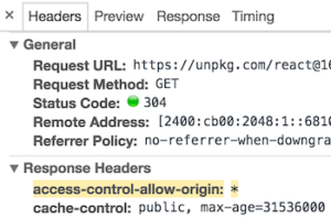Для загрузки и изучение React нужен HTTP-заголовок Access-Control-Allow-Origin: *
